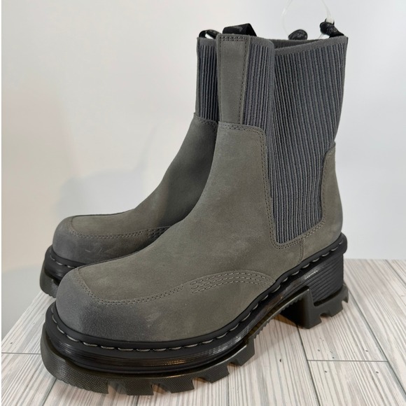Dr. Martens Shoes - Dr.Martens Corran Chelsea Waxy Boots Grey Suede Heeled Platform Lug Sole Wmns 10